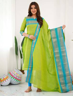 Light green jaquard  kanchi cotton kurti dupatta set 2