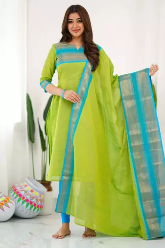 Light green jaquard  kanchi cotton kurti dupatta set