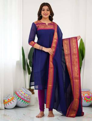 Blue jaquard  kanchi cotton kurti dupatta set 1