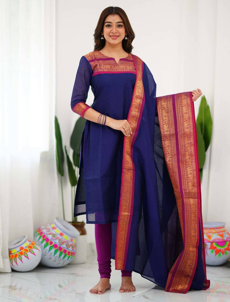 Blue jaquard  kanchi cotton kurti dupatta set