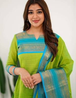 Light green jaquard  kanchi cotton kurti dupatta set 3