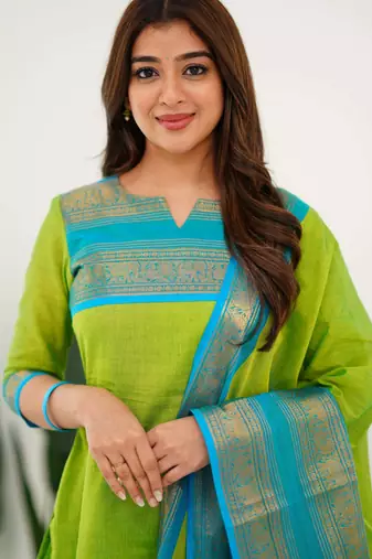 Light green jaquard  kanchi cotton kurti dupatta set