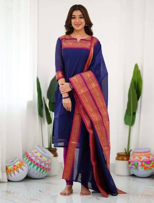 Blue jaquard  kanchi cotton kurti dupatta set 2