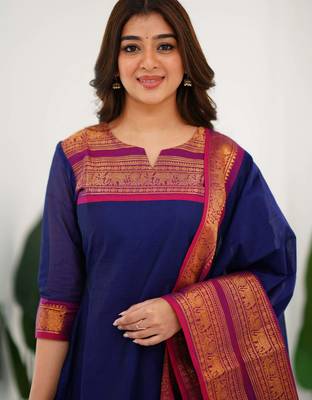 Blue jaquard  kanchi cotton kurti dupatta set 3