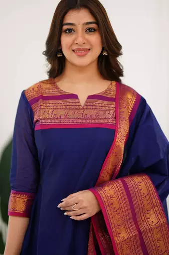 Blue jaquard  kanchi cotton kurti dupatta set