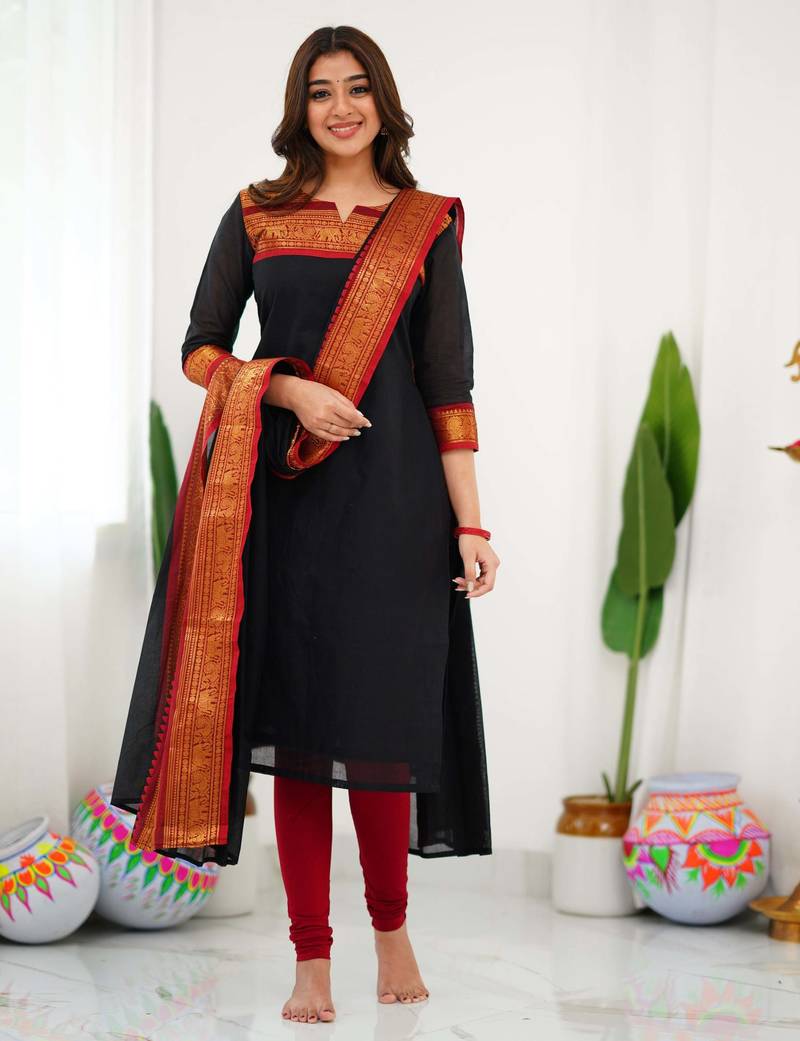 Black jaquard  kanchi cotton kurti dupatta set
