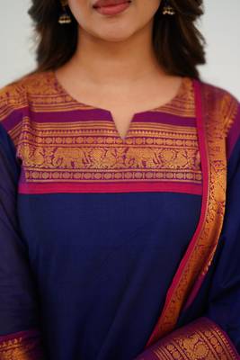 Blue jaquard  kanchi cotton kurti dupatta set 4