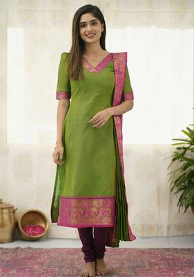 Parrot green jaquard  kanchi cotton kurti dupatta set 1