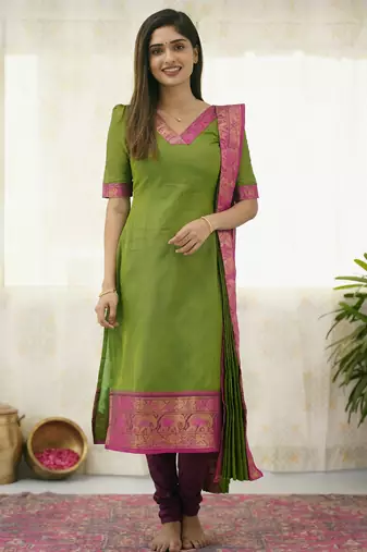 Parrot green jaquard  kanchi cotton kurti dupatta set