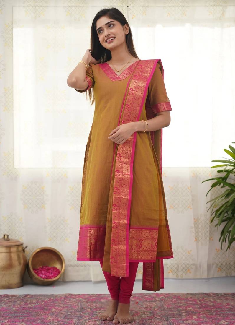 Mustard jaquard  kanchi cotton kurti dupatta set