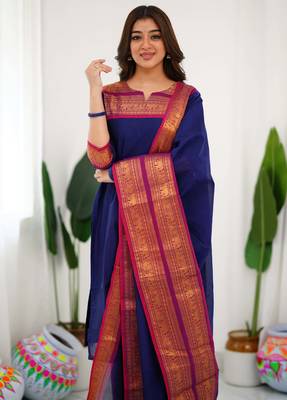 Blue jaquard  kanchi cotton kurti dupatta set 5