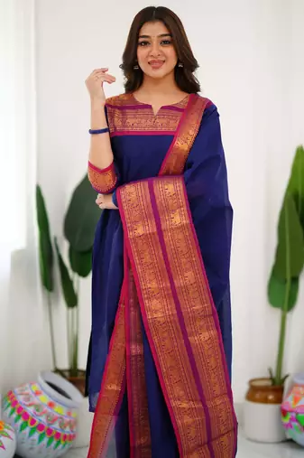 Blue jaquard  kanchi cotton kurti dupatta set