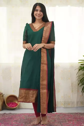 Green jaquard  kanchi cotton kurti dupatta set