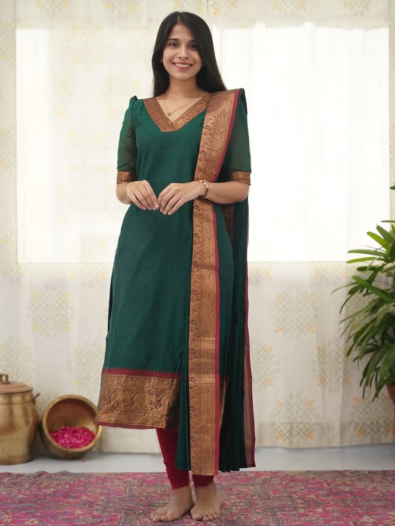 Green jaquard  kanchi cotton kurti dupatta set