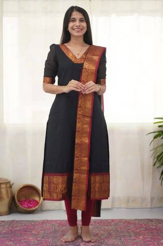 Black jaquard  kanchi cotton kurti dupatta set
