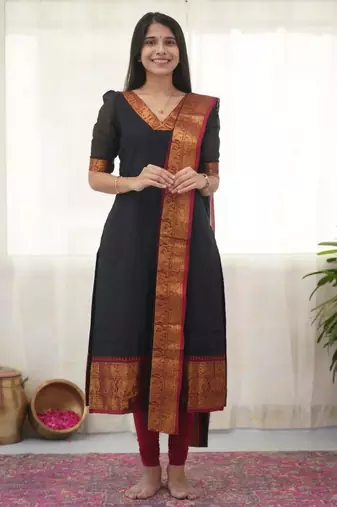 Black jaquard  kanchi cotton kurti dupatta set