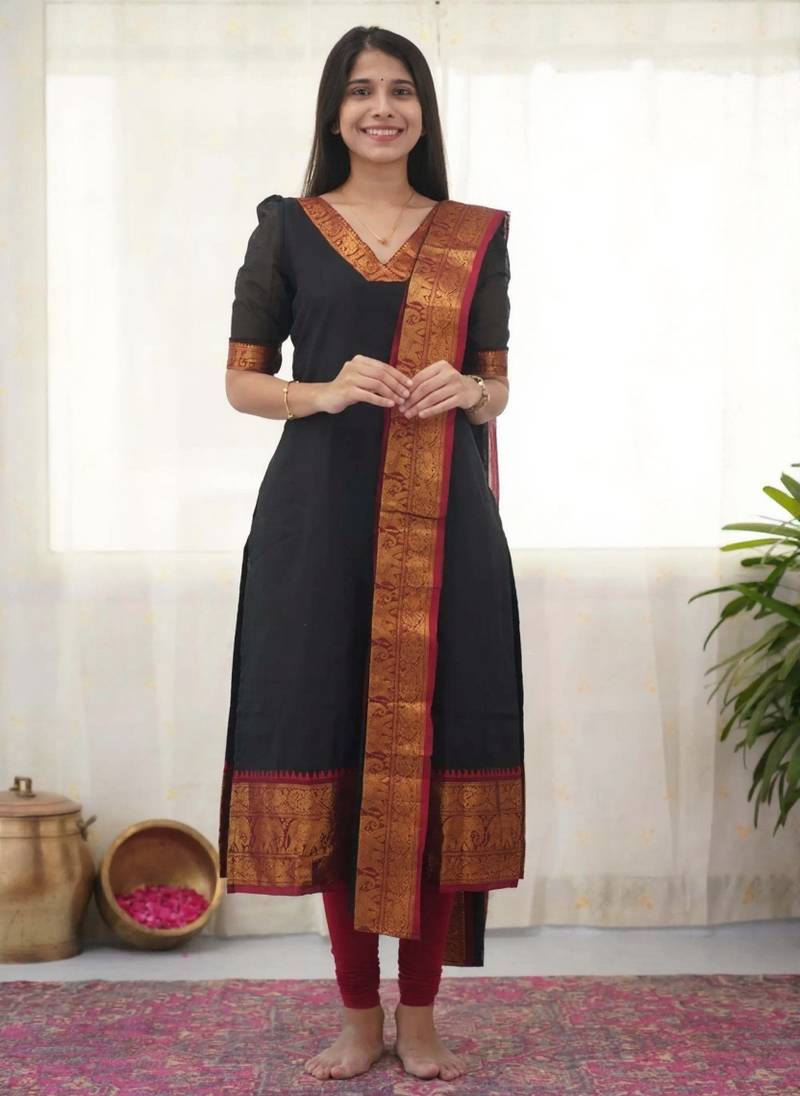 Black jaquard  kanchi cotton kurti dupatta set