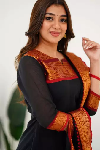 Black jaquard  kanchi cotton kurti dupatta set
