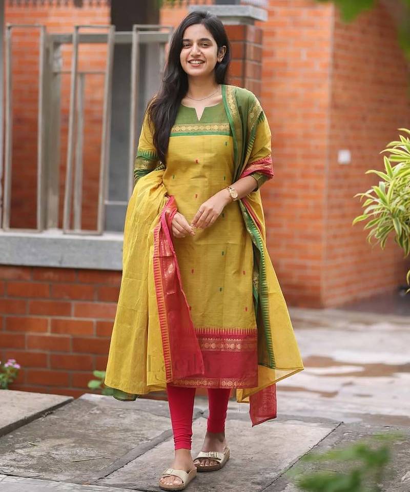 Mustard jaquard  kanchi cotton kurti dupatta set