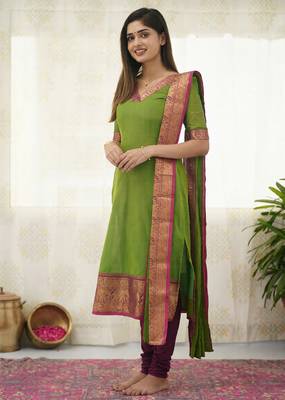 Parrot green jaquard  kanchi cotton kurti dupatta set 3