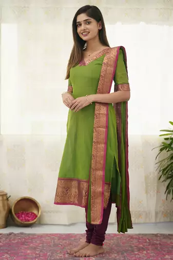 Parrot green jaquard  kanchi cotton kurti dupatta set