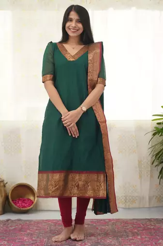 Green jaquard  kanchi cotton kurti dupatta set