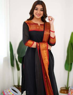Black jaquard  kanchi cotton kurti dupatta set 4