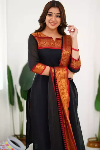 Black jaquard  kanchi cotton kurti dupatta set