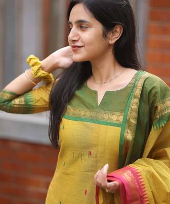 Mustard jaquard  kanchi cotton kurti dupatta set 2