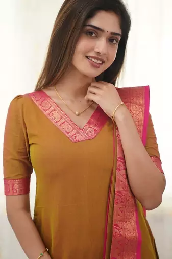 Mustard jaquard  kanchi cotton kurti dupatta set