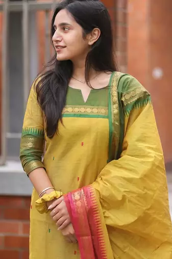 Mustard jaquard  kanchi cotton kurti dupatta set