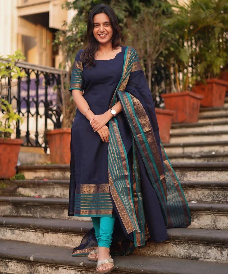 Blue jaquard  kanchi cotton kurti dupatta and pant  set