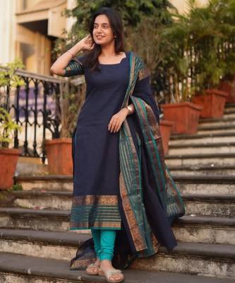 Blue jaquard  kanchi cotton kurti dupatta and pant  set 2