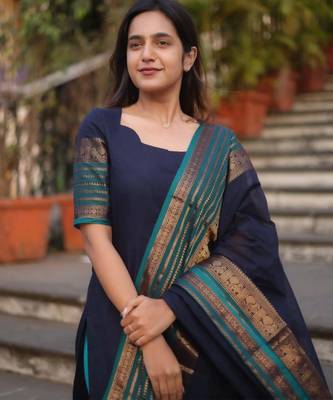 Blue jaquard  kanchi cotton kurti dupatta and pant  set 4