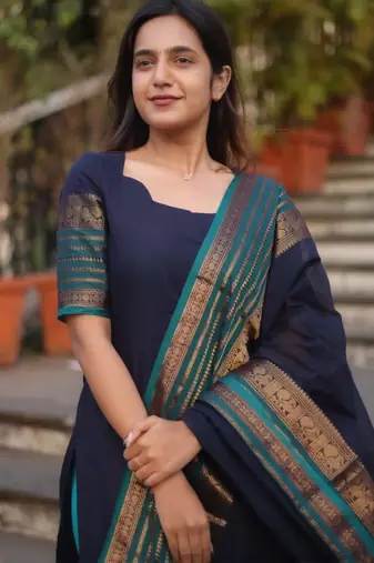 Blue jaquard  kanchi cotton kurti dupatta and pant  set