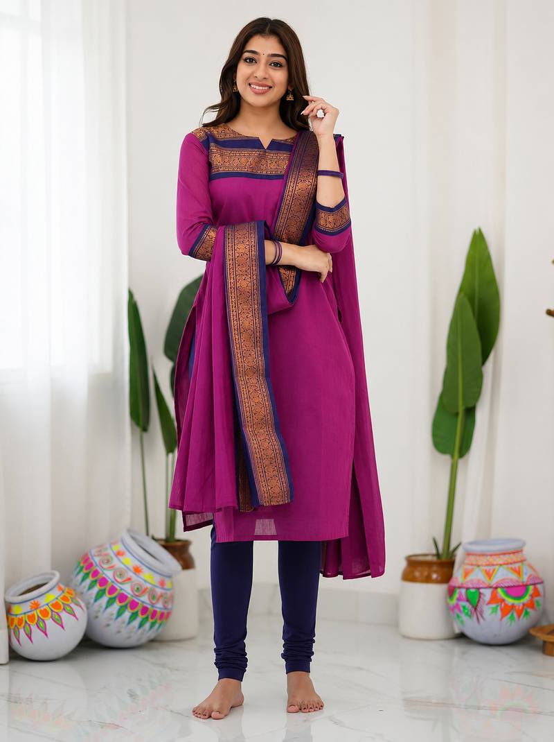 Pink jaquard  kanchi cotton kurti dupatta set