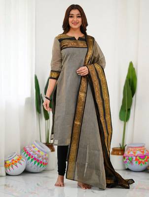Cream jaquard  kanchi cotton kurti dupatta set 1