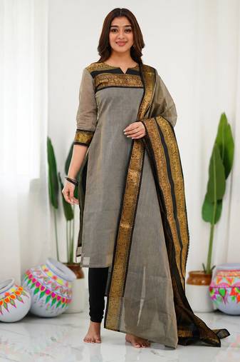 Cream jaquard kanchi cotton kurti dupatta set