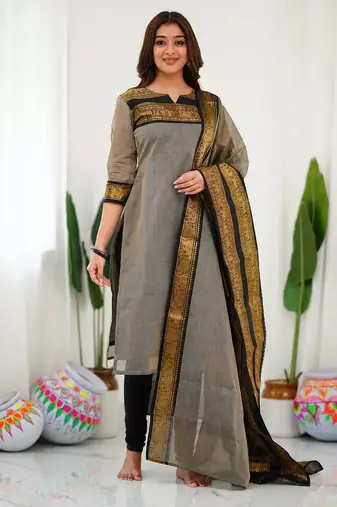 Cream jaquard  kanchi cotton kurti dupatta set