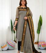 Cream jaquard  kanchi cotton kurti dupatta set