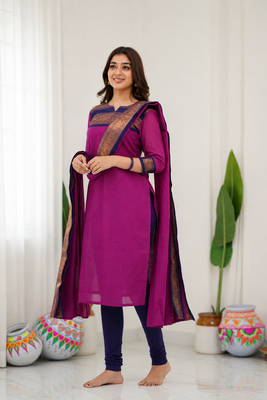 Pink jaquard  kanchi cotton kurti dupatta set 2