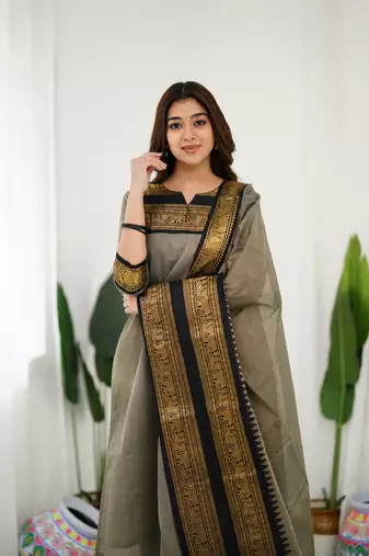 Cream jaquard  kanchi cotton kurti dupatta set