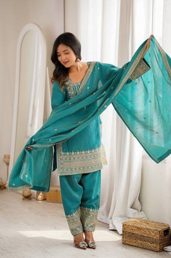 Teal blue sequence dori zari embroidered nc vichitra silk kurta farshi shalwar set with dupatta