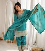 Teal blue sequence dori zari embroidered nc vichitra silk kurta farshi shalwar set with dupatta