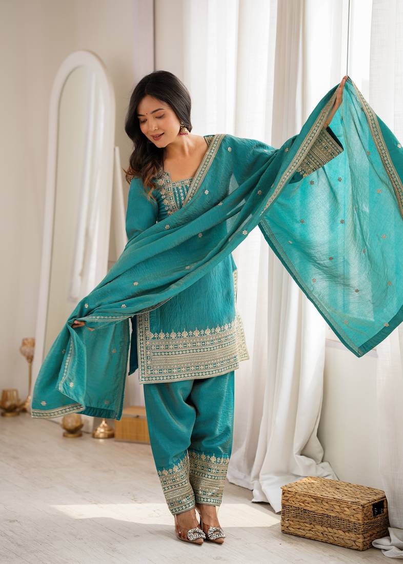 Teal blue sequence dori zari embroidered nc vichitra silk kurta farshi shalwar set with dupatta
