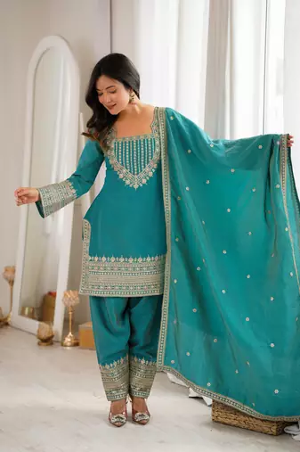 Teal blue sequence dori zari embroidered nc vichitra silk kurta farshi shalwar set with dupatta
