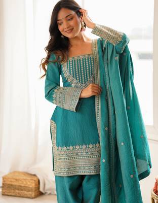 Teal blue sequence dori zari embroidered nc vichitra silk kurta farshi shalwar set with dupatta 3