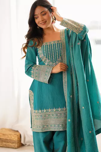 Teal blue sequence dori zari embroidered nc vichitra silk kurta farshi shalwar set with dupatta