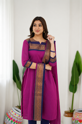 Pink jaquard  kanchi cotton kurti dupatta set 3
