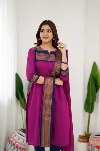 Pink jaquard  kanchi cotton kurti dupatta set